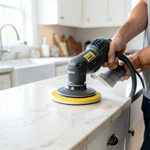 OUDU dry diamond polishing pad attached to a polisher with a vacuum dust shroud on marble