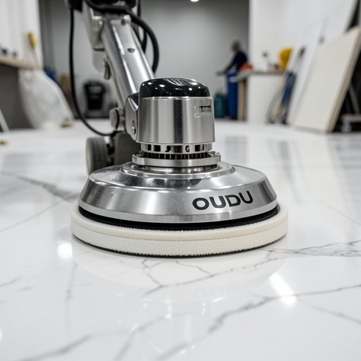 White Carrara marble floor being polished scratch-free with OUDU white resin marble polishing pad