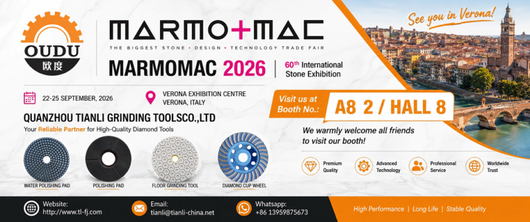 OUDU diamond polishing pads and grinding tools displayed for Marmomac 2026 in Verona Italy