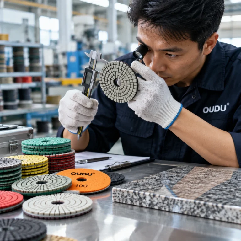 Quality inspector evaluating OUDU diamond polishing pad using magnifying loupe and calipers
