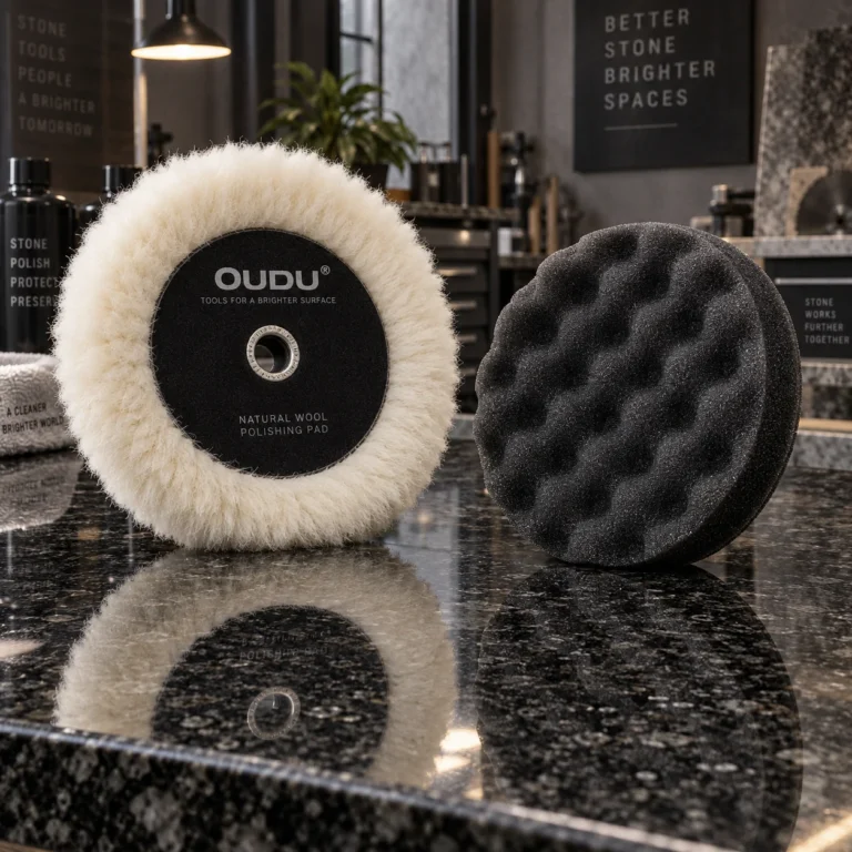 OUDU natural wool polishing pad and foam buffing pad displayed side by side on polished granite
