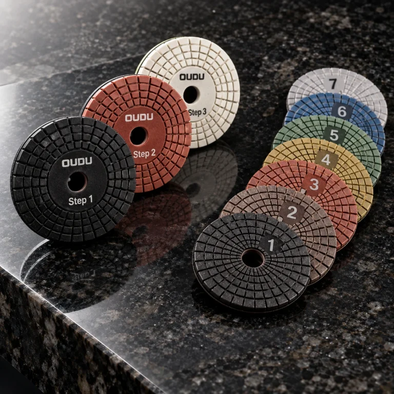 Side-by-side comparison of OUDU 3 step diamond polishing pads and 7 step polishing system on granite