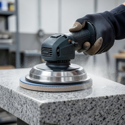 OUDU 5 inch diamond polishing pad mounted on handheld polisher finishing granite countertop edge