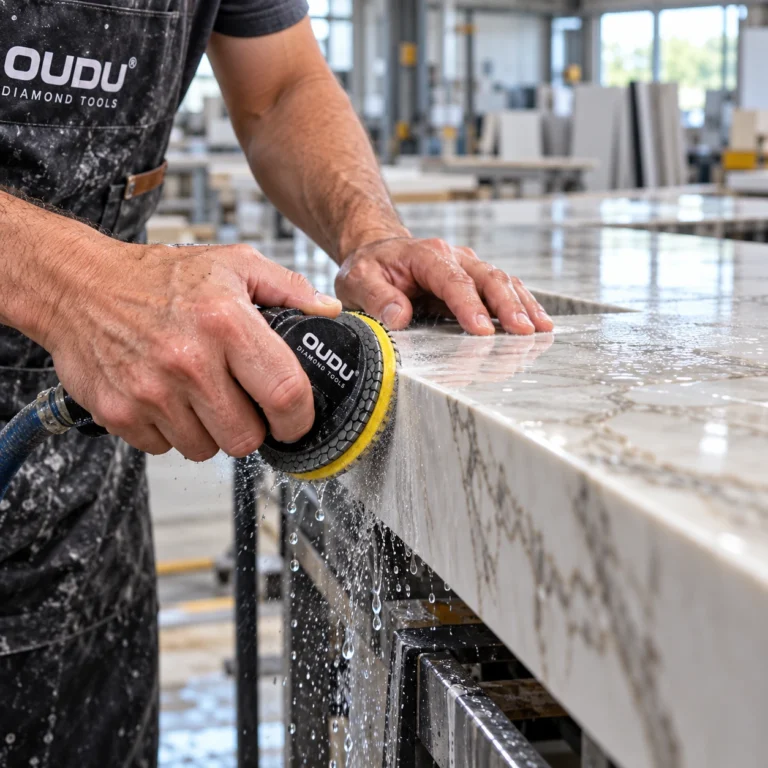 Craftsman using OUDU diamond hand polishing pad to touch up stone countertop edge